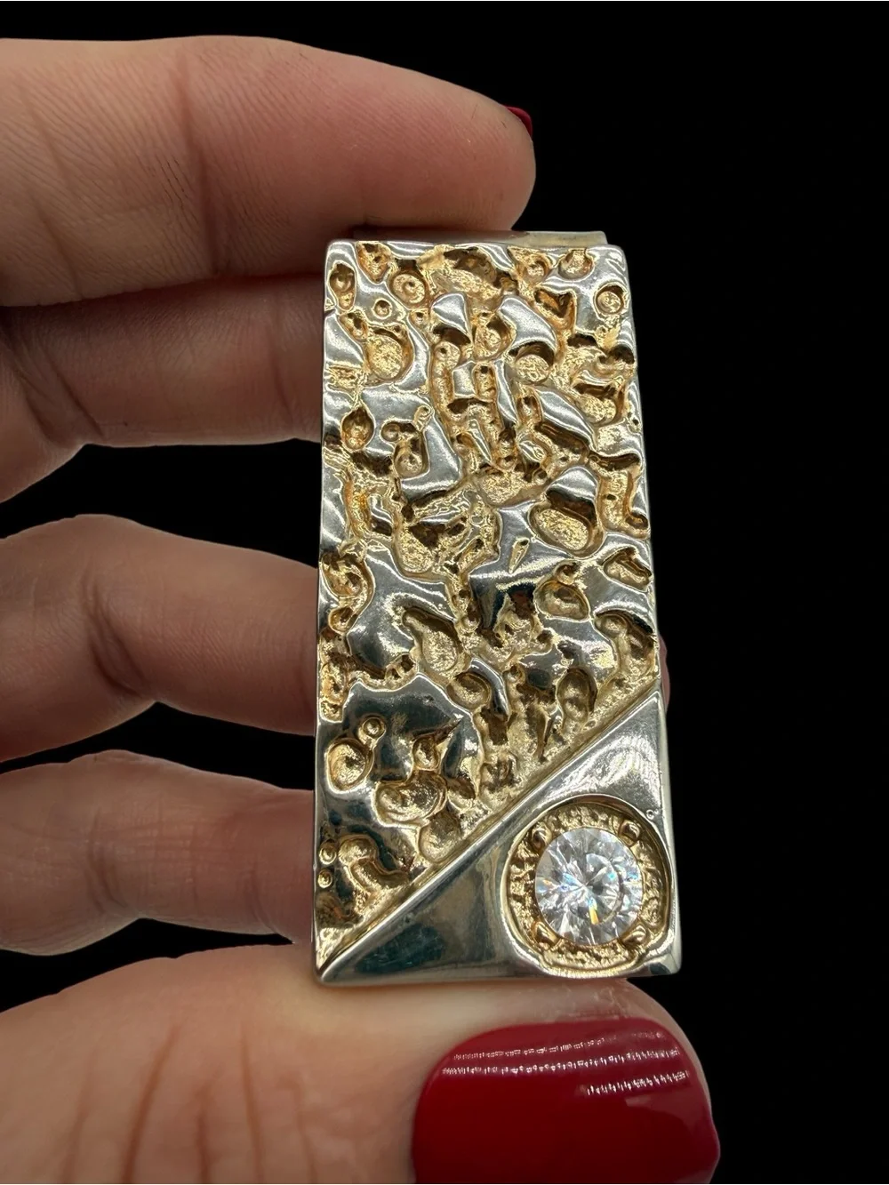 Vintage Lind 14K Gold-Plated Nugget Money Clip w/ Cubic Zirconia Accent- Signed